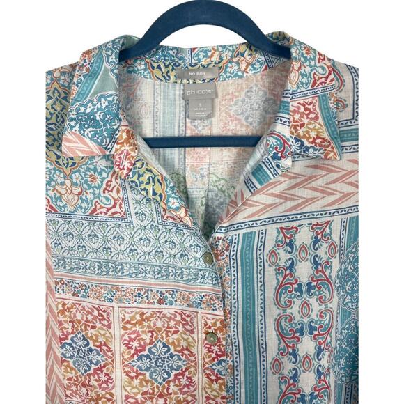 Chico’s Linen Mosaic Print Button Down Top Size 3 (XL) Pastel Blue Multi Boho - Picture 2 of 11